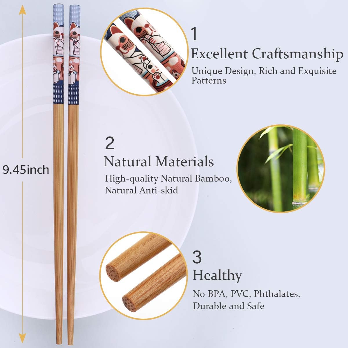  | 10-Pairs Bamboo Chopsticks, GLAMFIELDS Reusable Chopsticks Set Classic Natural Bamboo Chop Sticks Dishwasher Safe 9 1/2 Inches (Cute Cat Drawing): Chopsticks & Chopstick Holders