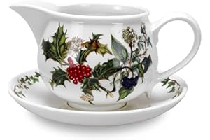 Portmeirion The Holly and The Ivy Gravy Boat & Stand - 33 Oz. Capacity | Elegant Earthenware Holiday Pitcher with Holly Décor | Easy Pouring Beaker, Chip-Resistant Finish | Microwave & Dishwasher Safe