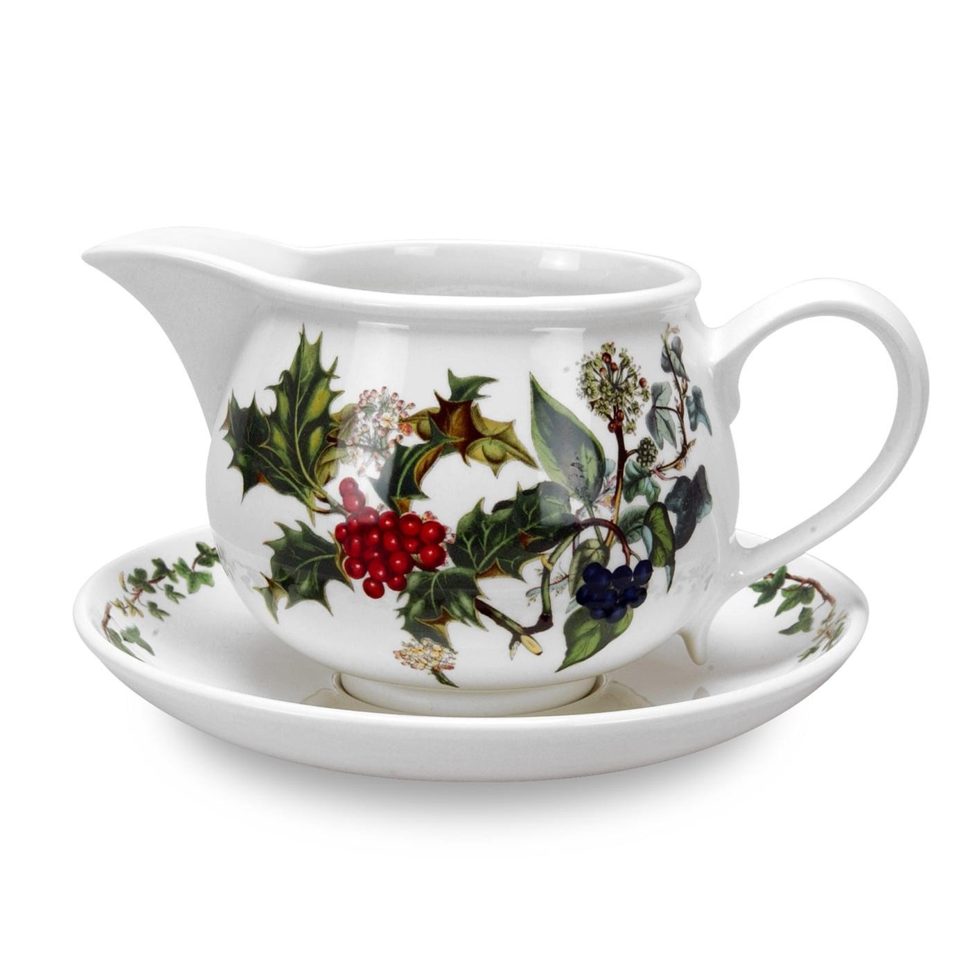 Portmeirion x The Holly & Ivy Gravy Boat and Stand - White Ceramic Gravy Jug, Dishwasher, Microwave & Dishwasher Safe, Suitable for Everyday Dining or as a Gift