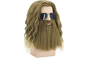 PATTNIUM Beard Wig Men Long Curly Wig Golden Brown Wig with Beard Men's Halloween Costume Accessory Cosplay Party Wig (Golden Brown)