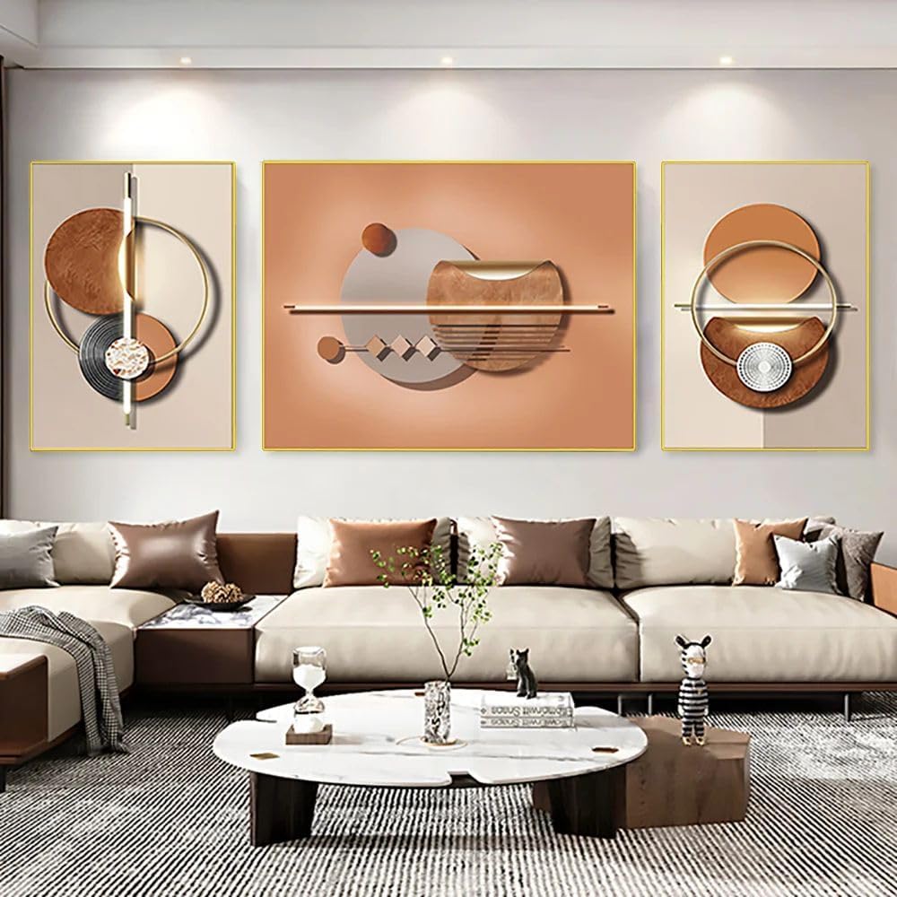 Paintings - homary Modern Geometric Abstract Canvas Painting with Frame Wall Art Set, 3 Pieces Wall Decor for Living Room