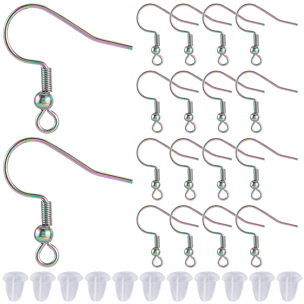 SOFPLATE 1 Box 80Pcs Fish Hook Ear Wire Stainless Steel Earring Hooks Bulk Fishhook Earring Wires with Ear Nuts and Hole Rainbow French Earring Findings for Jewellery Making Earring Supplies DIY Craft