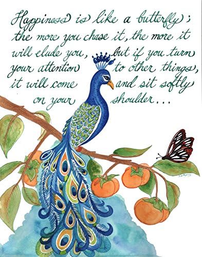 Peacock persimmon butterfly branch happiness quote watercolor painting poster print, positive quote peacock watercolor painting wall decor poster print