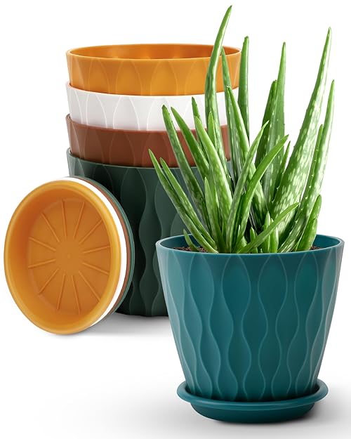 Goproauto 4 Inch Plastic Planter Pots with Drainage Holes & Saucers, Indoor/Outdoor Flower Pots for Plants, Succulents, Herbs, 5 Pack Set