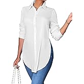 Sewius Women's Collar Neck Button Down Long Sleeve Slit Side Long Shirt Work Blouse Top