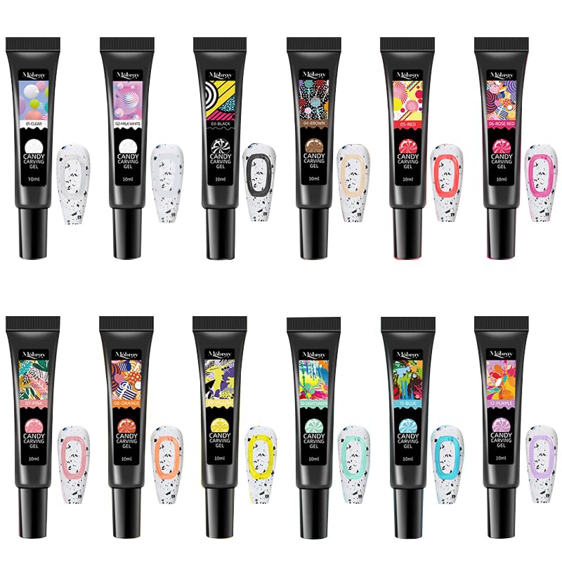 Joyeee 12 Color Nail Sculpture Gel, 10ml 5D Candy Jelly Nail Painting Gel DIY Modeling Nail Set, Non-Stick Hand, Multifunctional Soft Tubes 3D Carving Embossing Gel for Nail Art Decoration Nail Design