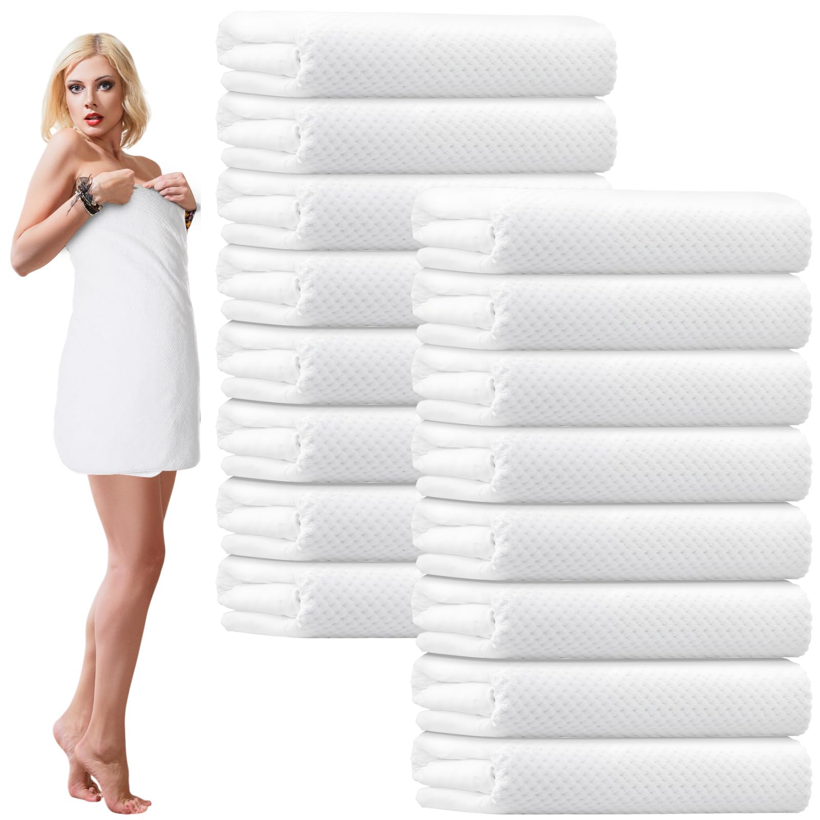 SmoothNovelty Pack Microfiber Bath Towels Bulk 27'' x 60'' Oversized Size Bath Towel Highly Absorbent Extra Large Soft Drying for Beach Shower Summer Salon Sport Gym Party(Lattice,White,16)