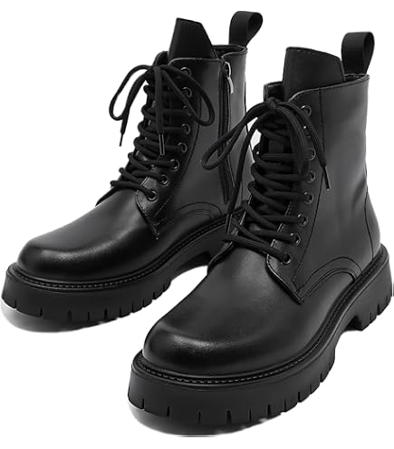 Men\'s Patent Leather Platform Combat Boots Lace Up Side Zipper Chunky Lug Sole Juosiy Mens Patent Leather Combat Boots Fashion Side Zipper  main image 2