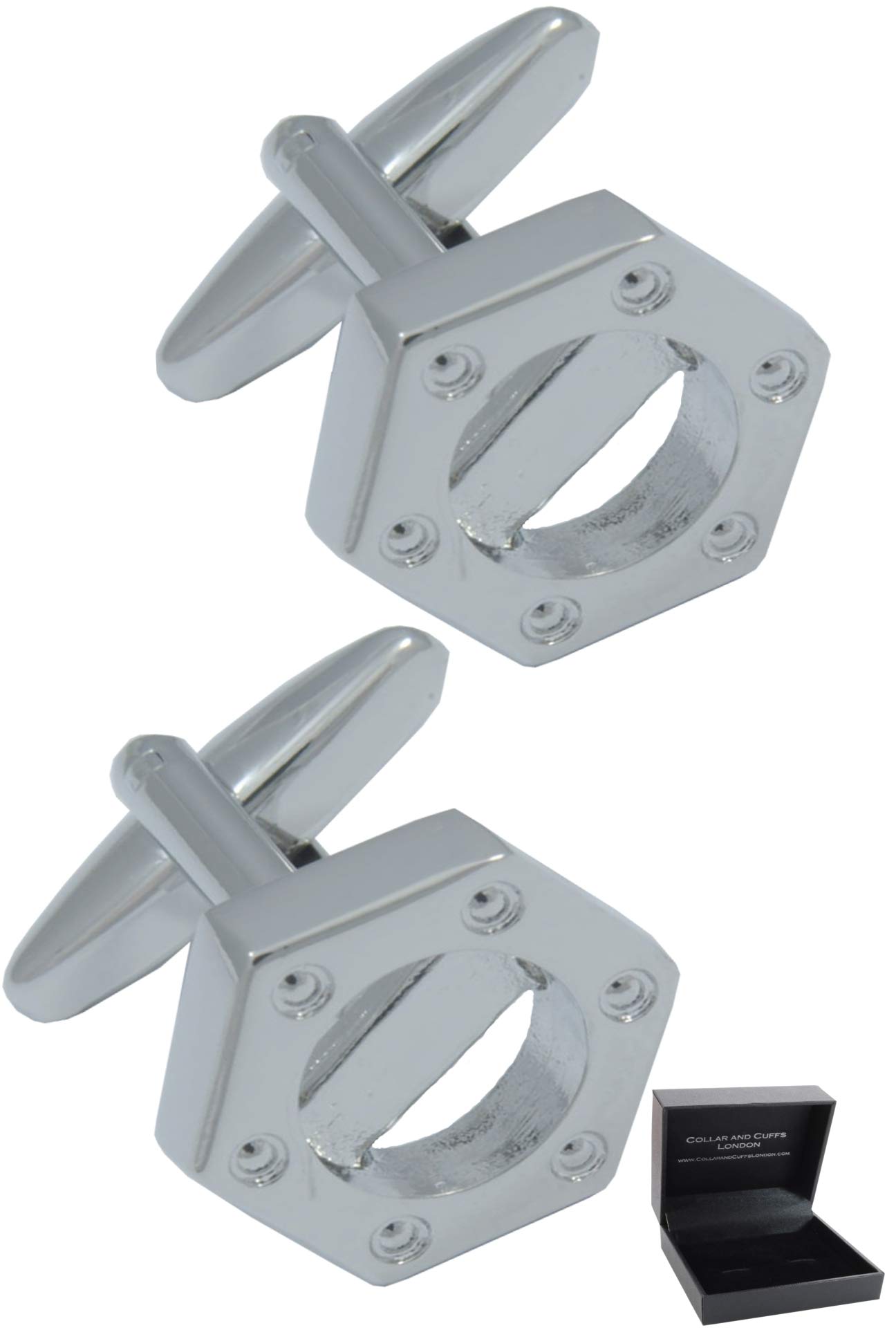 Cufflinks for Men + Presentation Box - Fun - Hexagonal Nut - Solid Brass Metal - Builders DIY Architect Engineer Construction - Silver Colour - One Pair