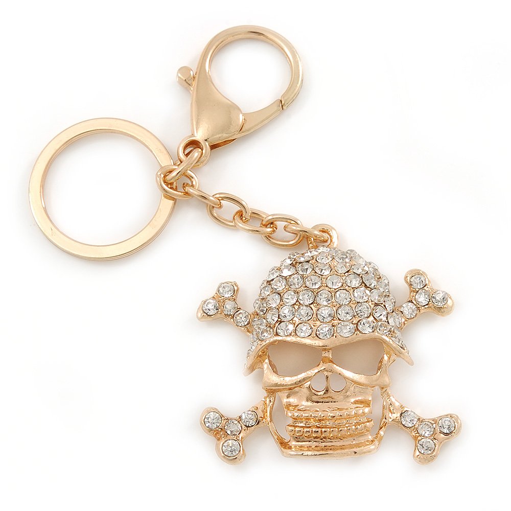Avalaya Clear Crystal Skull & Crossbones Keyring/Bag Charm in Gold Tone - 12cm L