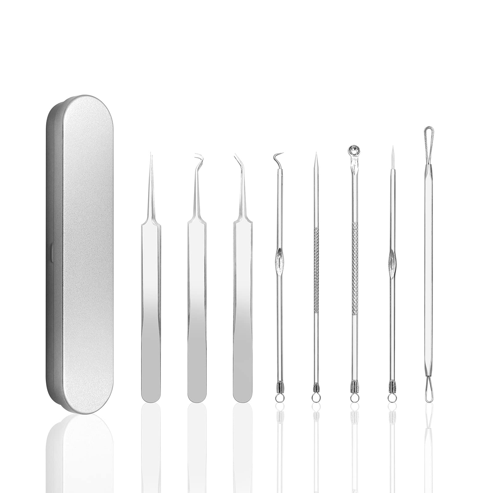 Pinkiou Blackhead Removers Comedone Pimple Removal Extractors Acne Blemish Needles Tool Kit Nose Face Skincare, 8-in-1 with Metal Case