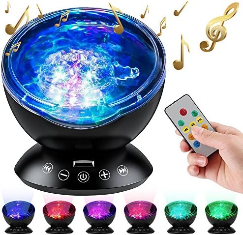 [Upgraded] Newest Remote Control Ocean Wave Projector Nightlight, Yusam 4 Sounds &amp; 12 LEDs &amp; 7 Colors Changing Models Nightlight Projector Built-in Music Player for Kids Adult Living Room &amp; Bedroom