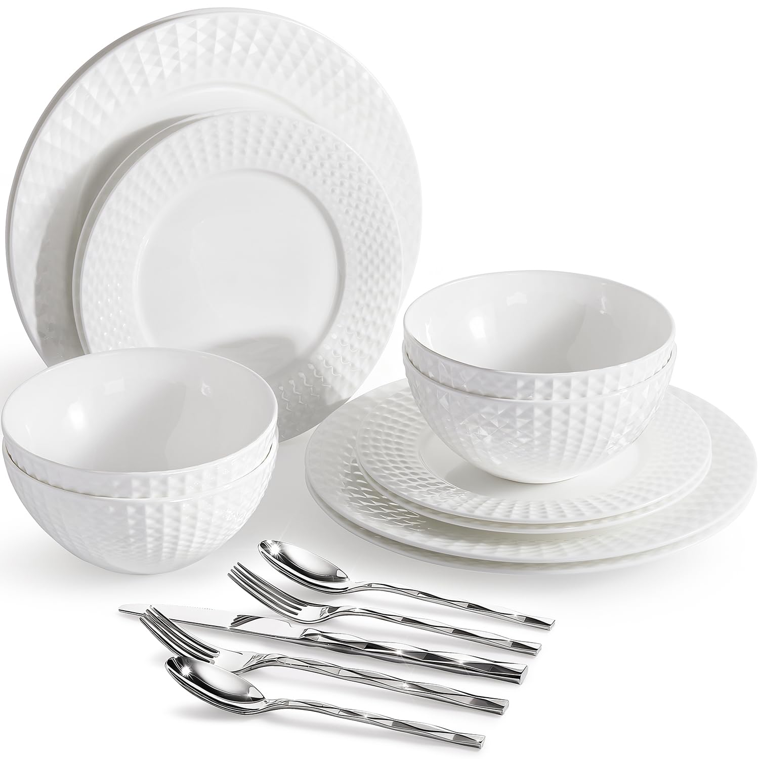 Photo 1 of ***MISSING ONE PLATE & ONE BOWL*** KINGSTONE 12-piece Bone China Dinnerware Set and 20-piece silverware, White Lightweight Porcelain for 4, Plates, Bowls with matching flatware, Microwave and Dishwasher Safe, for Family, Gifting