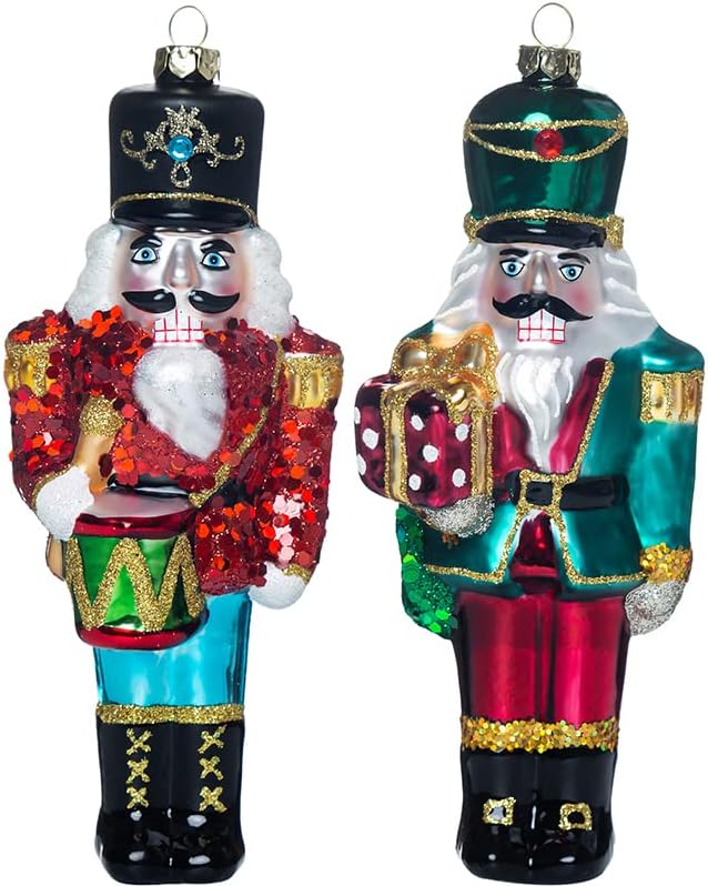 Nutcrackers - Set of 2 Glass Nutcracker Ornaments for Christmas Tree Decorations, Cute Hand Blown Glass Nutcracker Christmas Ornaments