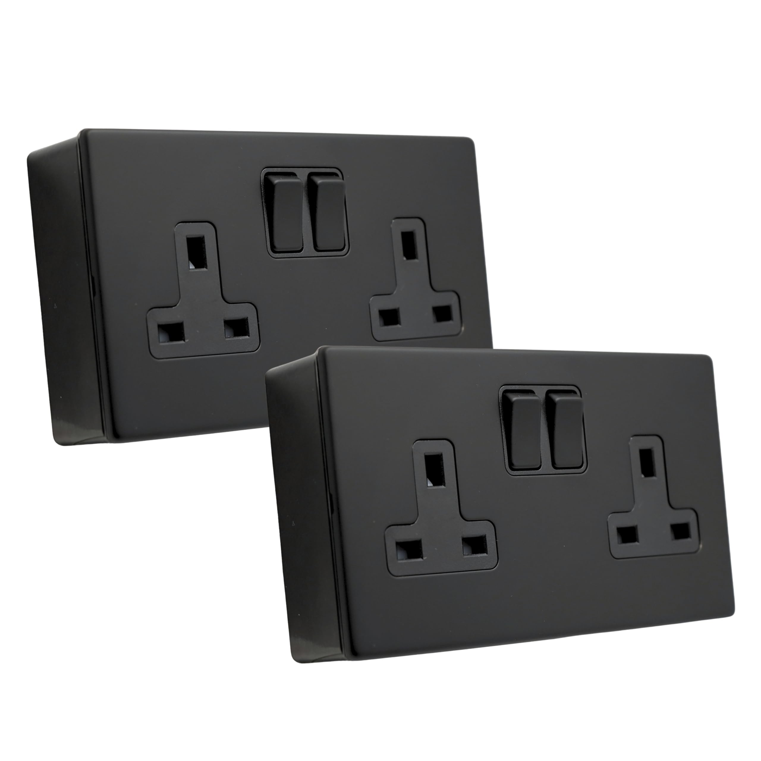 SHP ELECTRICAL® Screwless Matt Black Metal 2 Gang 13A Switched Socket and 25mm Surface Mount Pattress Box (2 Gang Socket + Back Box (2 Pack))