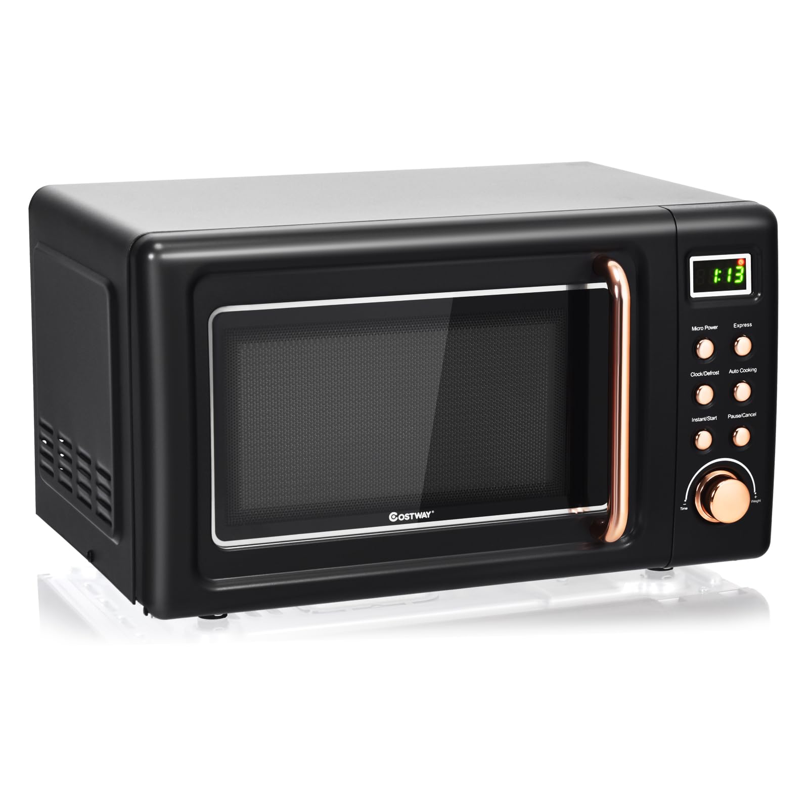 COSTWAY Retro Countertop Microwave Oven, 0.7Cu.ft, 700-Watt, High Energy Efficiency, 5 Micro Power, Delayed Start Function, with Glass Turntable & Viewing Window, LED Display, Child Lock (Gold)