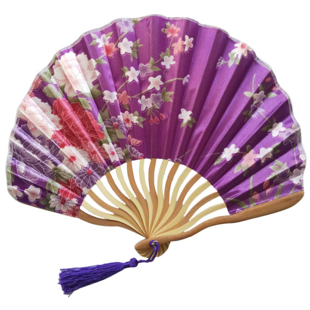 1SourceTek Silk Hand Held Folding Fans 8.27 inches (21cm) Women Hand Held Folding Fans With a Fabric Sleeve Protection for Gifts - Chinese Retro Style (Dark Purple)