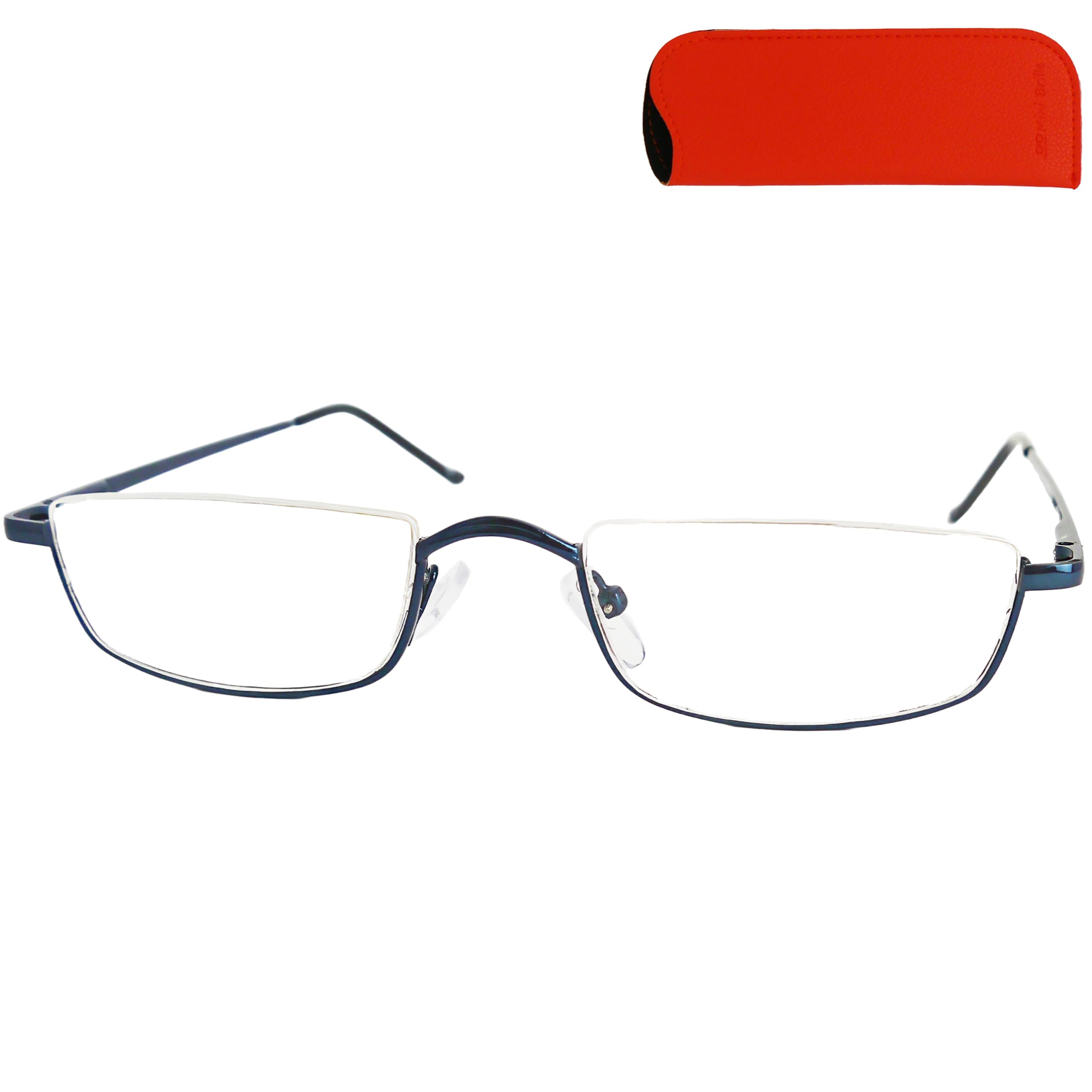Mini Brille - Metal Half Moon Reading Glasses, Including Case, Square Half Eye Stainless Steel Frame (Blue) with Spring Hinge, Men and Women Readers +2.50 Magnification