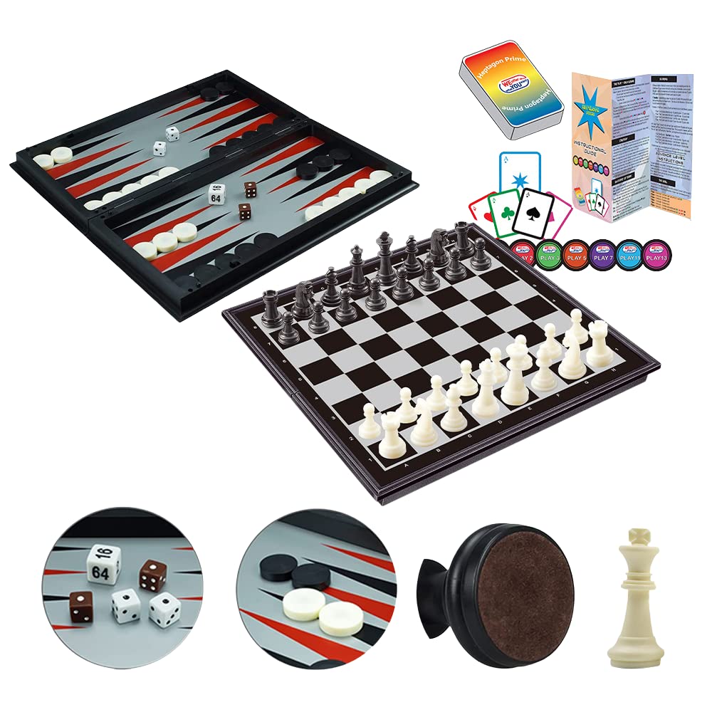 WEofferwhatYOUwant Magnetic Chess Set 4-in-1 Game Board with Checkers, Backgammon & Card Game – 36cm Foldable Travel Set Portable Strategy Games for Adults & Kids | Magnetic Pieces | Educational Gift