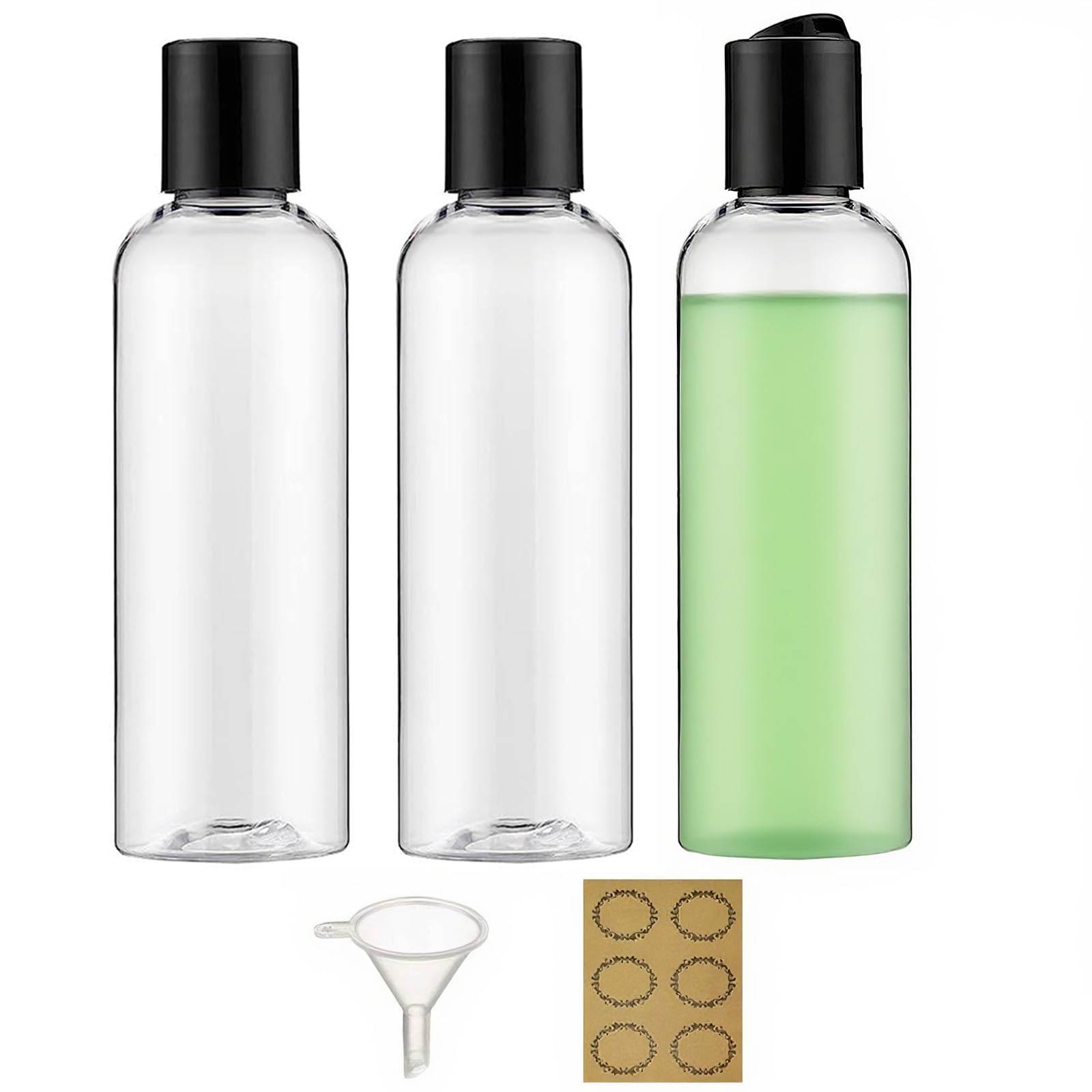 Apstaqeoo 3PCS 200ML Plastic Bottles with Disc Top Flip Cap Empty Squeeze Bottles Clear Refillable Travel Container Dispensing with Funnel & Label for Liquids Lotion Shampoo Toiletries Cosmetic