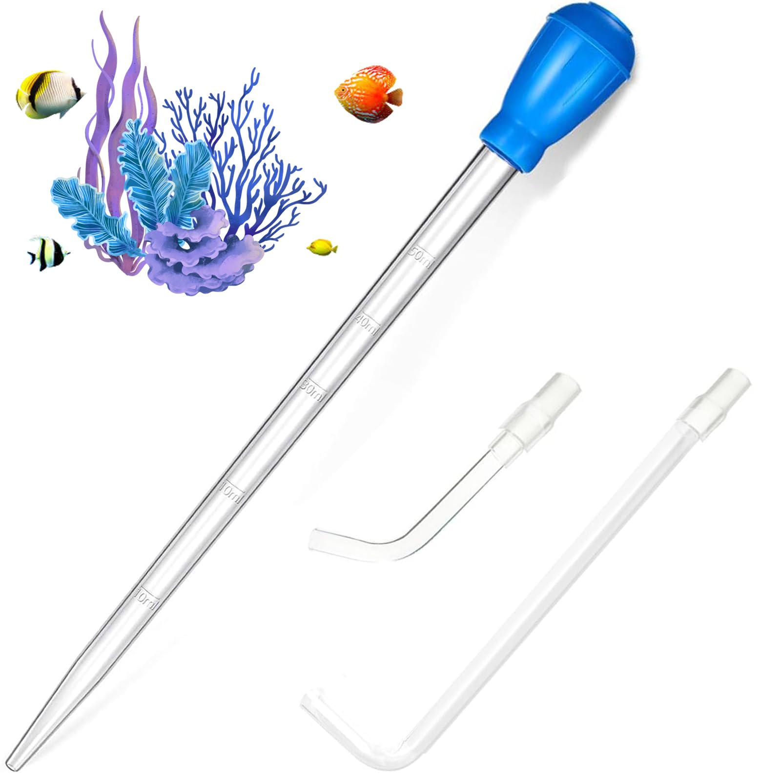Photo 1 of KABASI Coral Feeder Fish Feeder Waste Clean Tool, 50ml Manual Acrylic Pipette Suction Dropper with 2PCS Extension Pipes for Fish Tank Cleaning, Water Changer Waste Remover for Aquarium