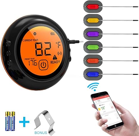 Amazon Com Wireless Meat Grill Thermometer Bluetooth Adapter For Ios Android Digital Wireless Thermometer Cooking Food With 6 Probes For Smokers Kitchen Grilling Oven And Outdoor Bbq Black Kitchen Dining