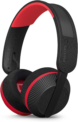 TAA6219BK Solar Powered Self Charging On Ear Bluetooth Headphones - 80 Hour Battery Reserve Ideal for Working Out, Running and Other Sports - Black and Red