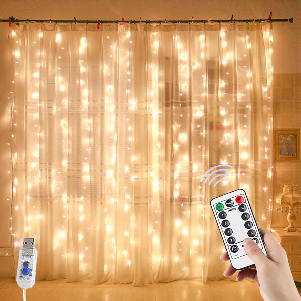 Photo 1 of YEOLEH String Lights Curtain,7.9 x 5.9Ft 144LEDs USB Powered Fairy Lights for Bedroom Wall Decor,8 Modes & IP64 Waterproof Ideal for Outdoor Indoor Home Garden Party Holiday Halloween Room,Warm White
