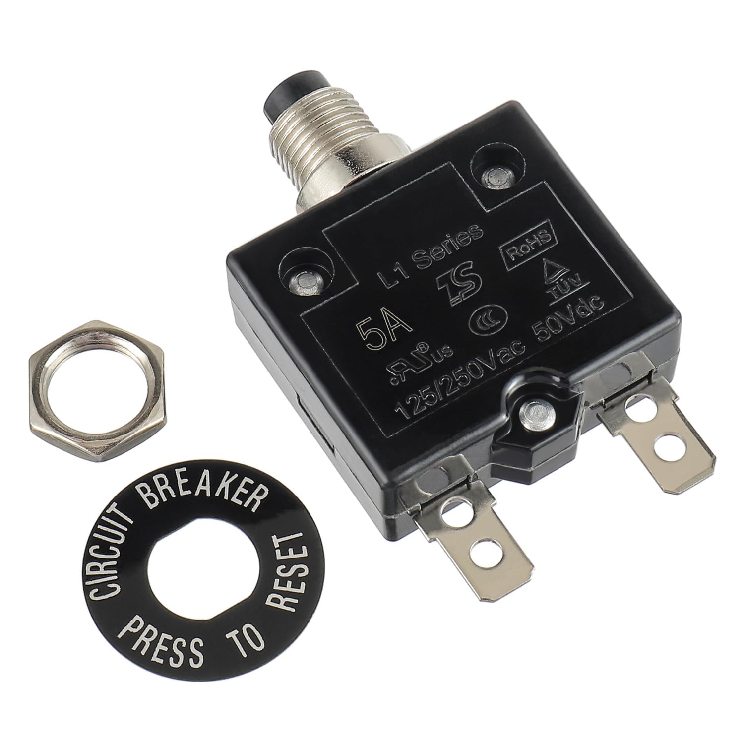HUWREW 5 Amp Push Button Circuit Breaker 125-250V AC 50V DC L1 Series Manual Reset Thermal Circuit Breaker 5A Thermal Overload Protector