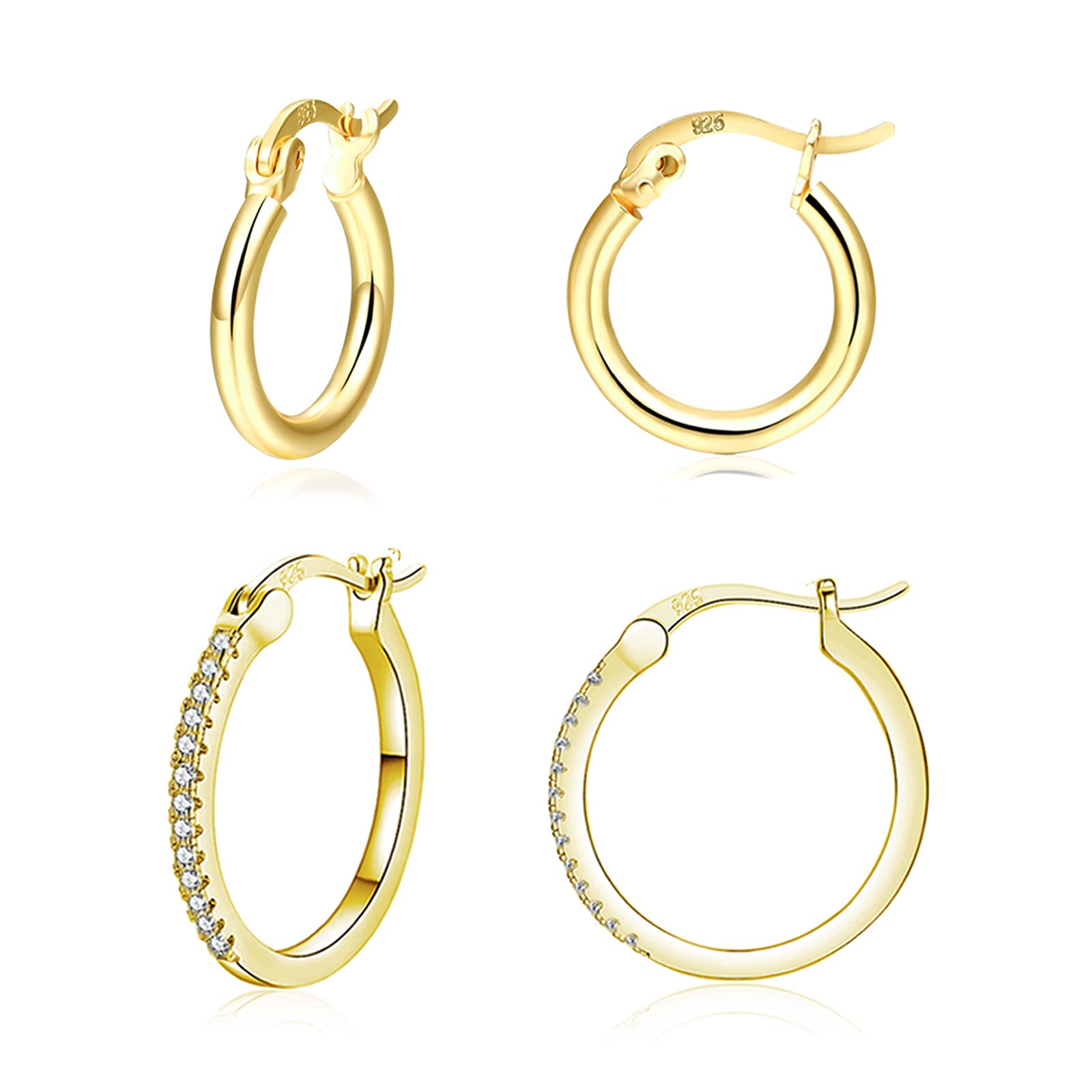 EPVOA Gold Hoop Earrings for Women, 925 Sterling Sliver Hoop Earrings for Girls, Cubic Zirconia Hoop Earrings Set, Gold Hoops Earrings for Men, Sizes 13/15mm