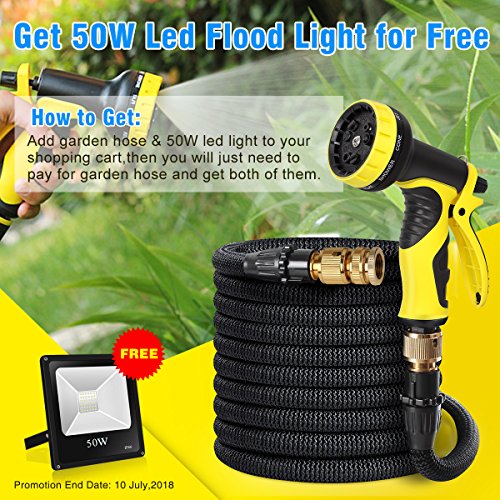 50Ft Expandable Garden Hose & Heavy Duty Hose, 2018 Leakproof Solid Strongest Triple Latex Water Hose with Free Multi Function Spray Nozzle, Sprinker, Replacement Gasket & Cable Tie, Rust Proof