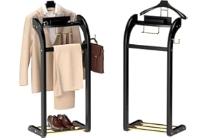 Dkjdssek Suit Valet Stand for Men, Wood Mens Valet Stand with Base, Contour Hanger, Tray, Trouser Bar and Tie Bar, Clothes Valet Stand for Bedroom Entryway Home Living Room Office (Black)