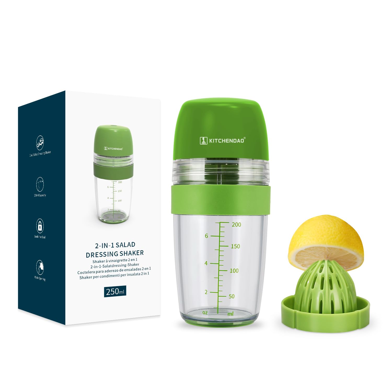 KITCHENDAO 2 in 1 Salad Dressing Shaker Container with Juicer, Pour Spout, Leakproof, Soft Grip, Dishwasher Safe, BPA Free Travel Homemade Oil and Vinegar Salad Dressing Bottle Mixer Dispenser, 1 Cup