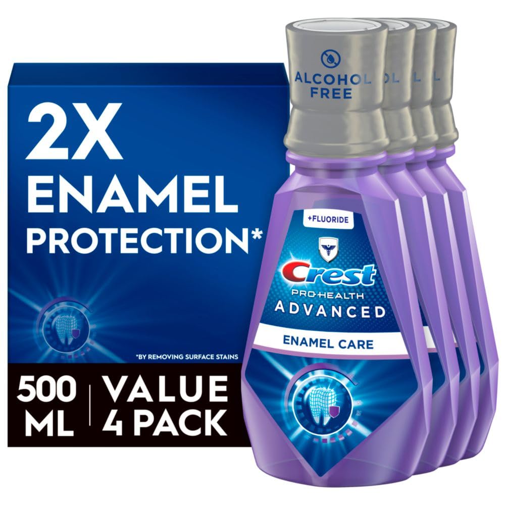Crest Pro-Health Advanced Mouthwash, Alcohol Free, Anticavity Fluoride, Enamel Care, Contains CPC, 500 mL (16.9 fl oz) Pack of 4, Crest Mouthwash, Mouthwash Alcohol Free