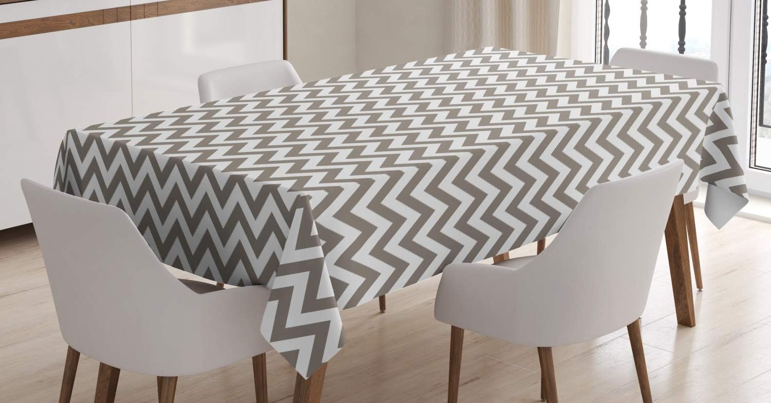 ABAKUHAUS Chevron Tablecloth, Grey and White Zig Zag, Dining Room Kitchen Rectangular Table Cover, 54 W X 94 L, Warm Taupe White