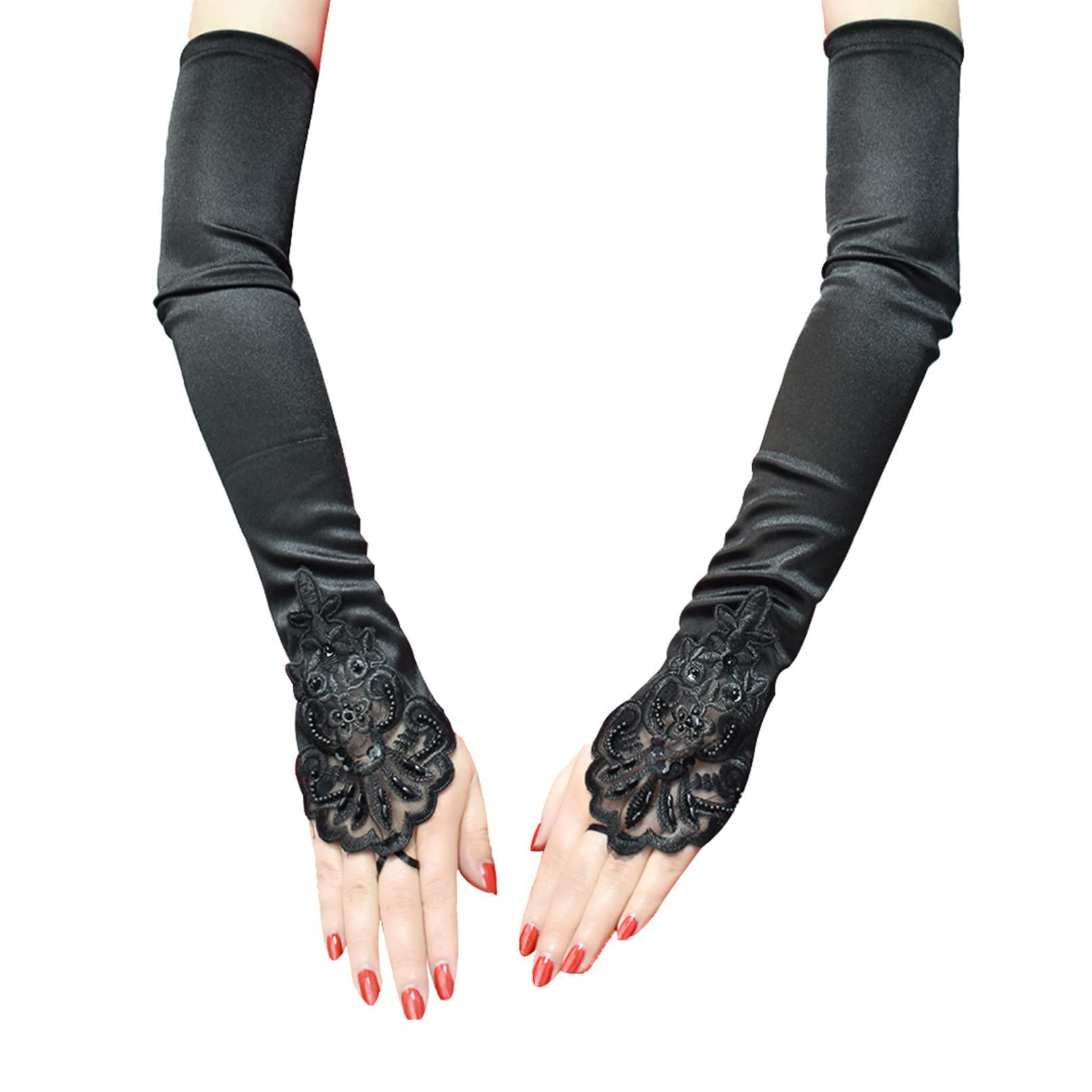 COSFAN Women Satin Hook Finger Gloves,Long Flapper Evening Opera Gloves,Retro Elbow Length Gloves for 1920s Parties