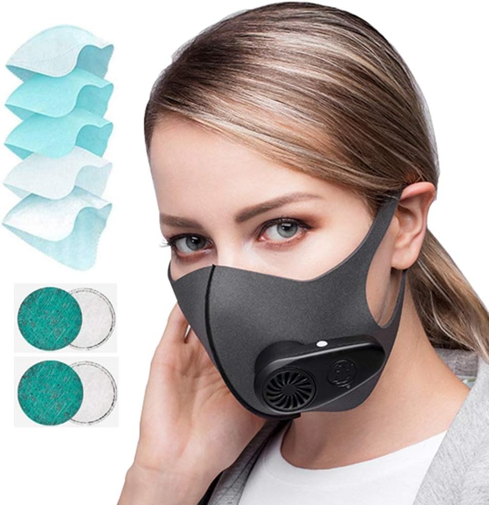 Black Smart Electric Face Protector Shield with 5 composite filter Anti Pollution Air Purifier Respirator Anti Dust Washable Reusable Activated Carbon Filter