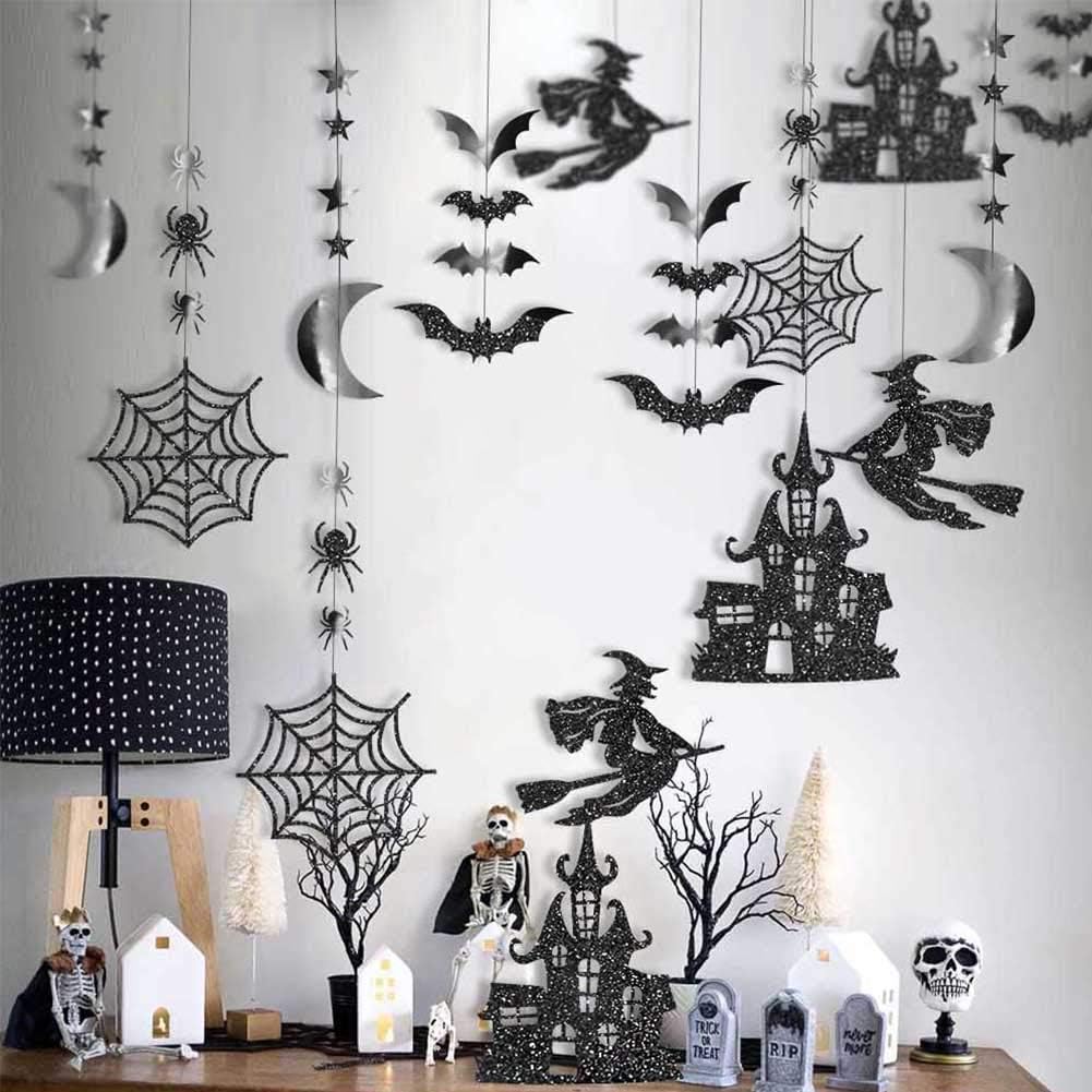 Glitter Black Halloween Party Decor Garland Kit for Party Decorations Hanging Witch Bat Spider Haunted House Star Moon Streamers Backdrop Background for Costume Birthday Party Supplies - Image 5