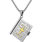 Rofusn Holy Bible Book Cross Necklace: Stainless Steel Religious Christian Pendant Faith Jewelry Gift for Men Women Birthday Baptism Christmas
