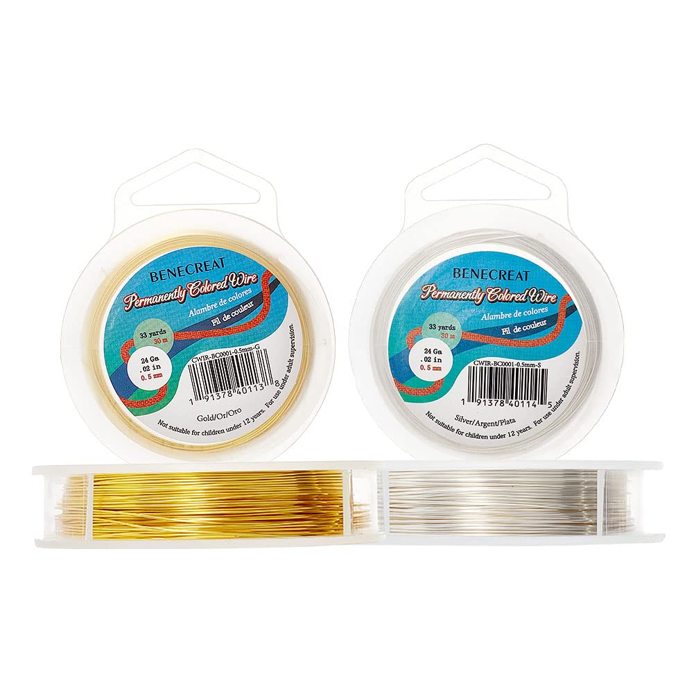 BENECREAT 2PCS 0.5mm(24 Gauge) Tarnish Resistant Wire, Mixed color(Gold and Silver), 30M/33 Yard per color, 2 Color/Set