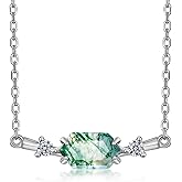 WES Pendant Necklace 925 Sterling Silver Moss Agate Pendant Necklace for Women,Green Hexagon Prong Gemstone Necklace for Women
