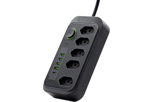 Extensão Tomada, Régua Tomada, Régua de Energia, 5 Tomadas, 4 Interfaces USB, 1 Porta USB Tipo-C, Cabo de Alimentação de 1,9