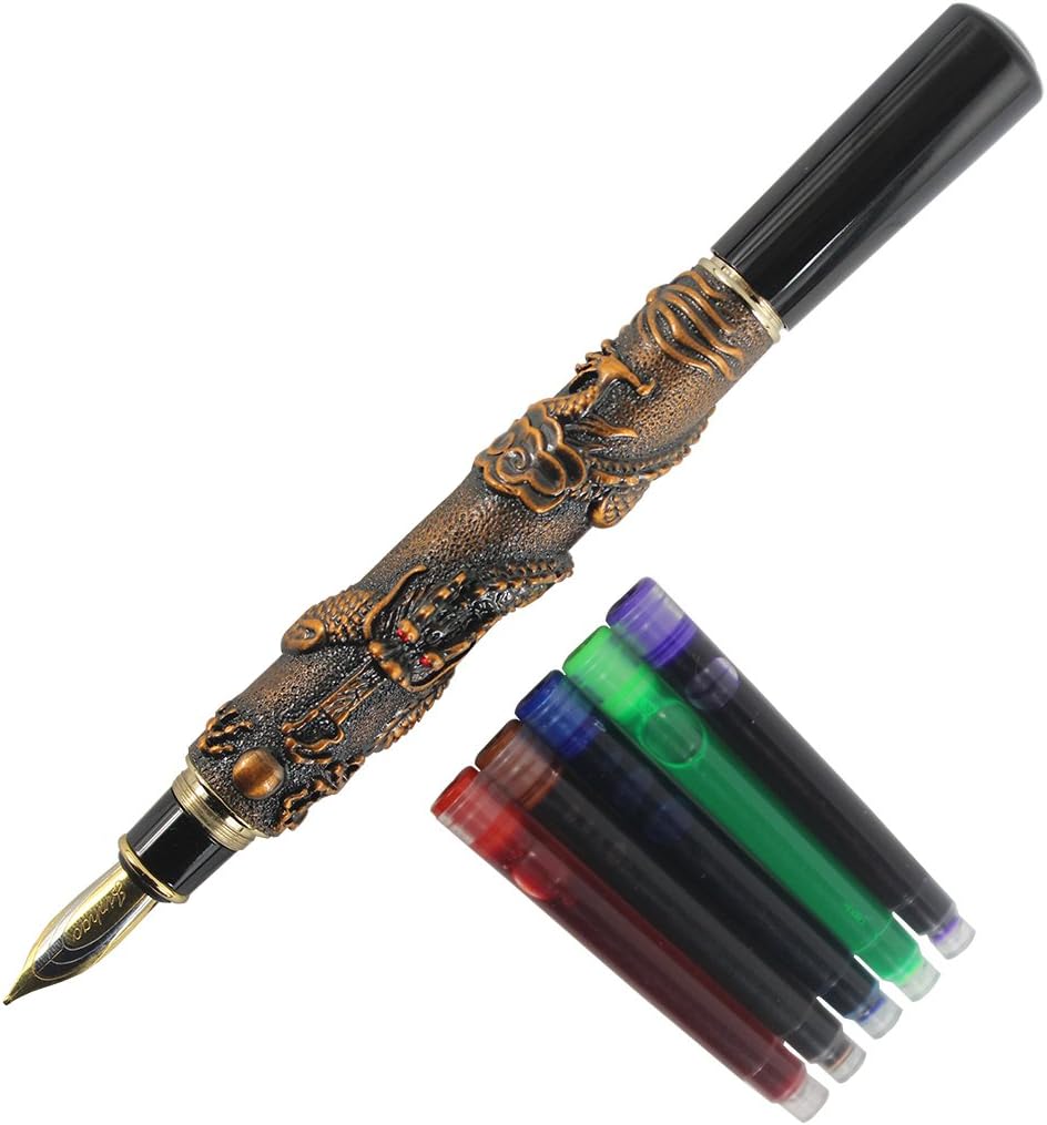 Gullor Chinese Dragon Antique Silver Basso-relievo Fountain Pen Original Gift Box Pen Pouch Ink Cartridges Set - Red Copper