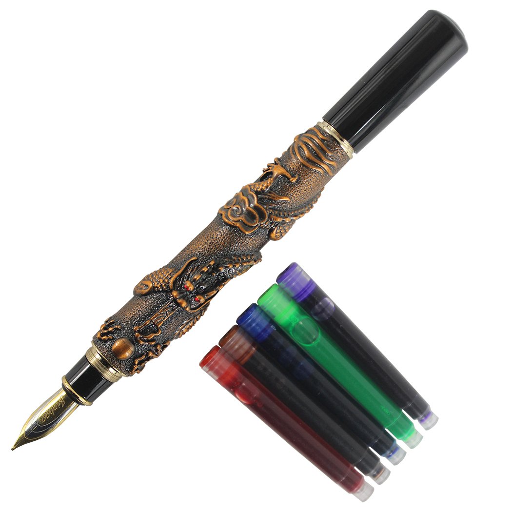 Gullor Chinese Dragon Antique Silver Basso-Relievo Fountain Pen Original Gift Box Pen Pouch Ink Cartridges Set - Red Copper