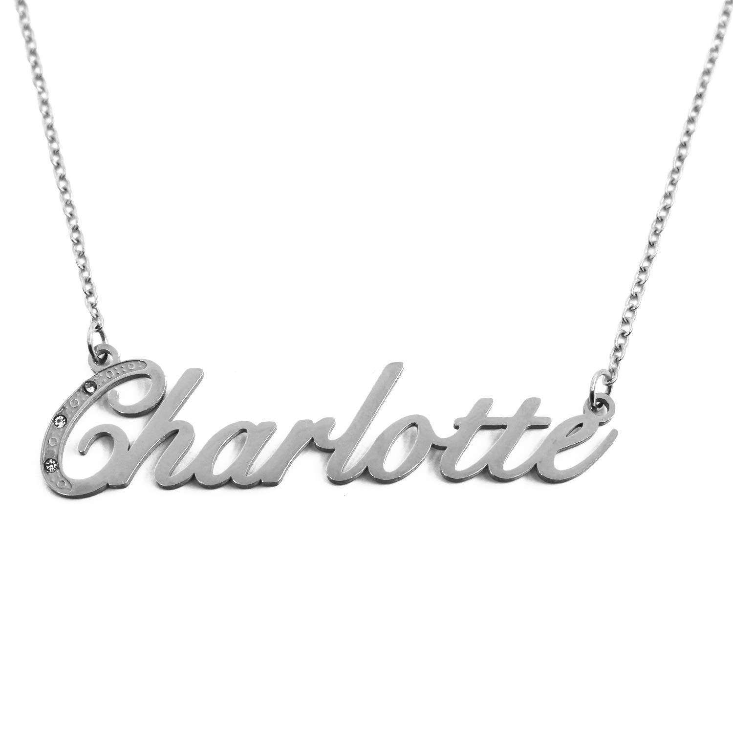 Kigu Charlotte Italic Personalised Name Necklace With Cubic Zirconia Silver Tone , Custom Dainty Name Pendants, Jewellery for Ladies, Girlfriend, Mother, Sister, Friends