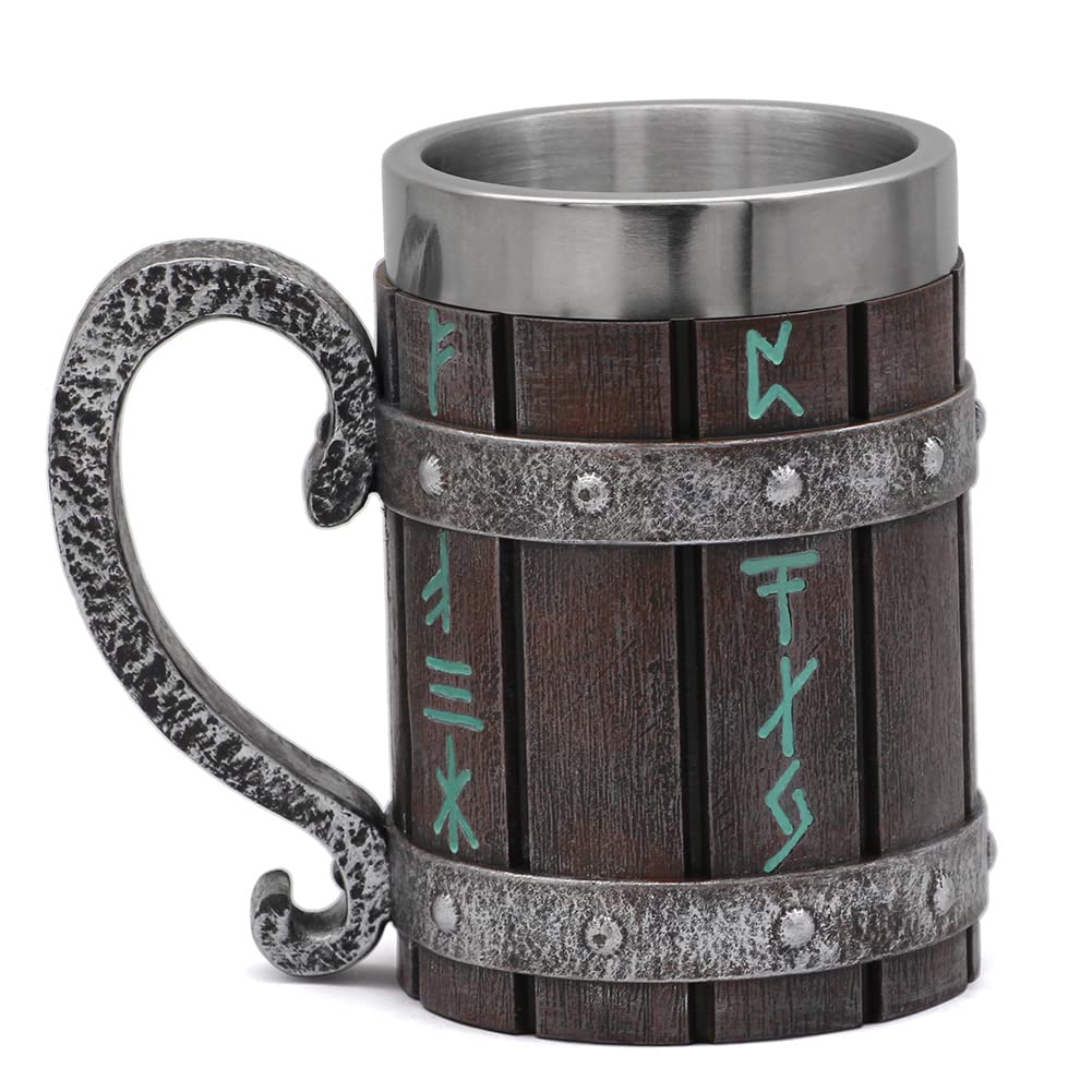 GuoShuang Norse Decor Stainless Steel Wooden Viking Coffee Cool Mug Viking Gift for Men Beer Cup Stein