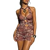 LXUAMR Sexy Jumpsuits for Women Print Hollow Halter Jumpsuit Ruffle Shorts Romper One Piece Jumpsuit Vacation Beach Outfits
