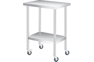 COZONY Stainless Steel Table, 24" x 18" Heavy Duty Worktable with Adjustable Undershelf and Locking Casters, 2 Tier Metal Prep Table for Commercial Kitchen, Restaurant, Garages