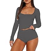 RUEWEY Womens Lace Trim Ribbed Knit Pajama Sets Long Sleeve Top and Shorts Matching 2 Piece Lounge Set PJ Set