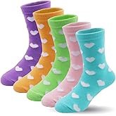 ZUOIUP Girls Kids Socks Cotton Sock White Pink Crew Socks with Hearts, 5 Pairs Soft Breathable Child Sock for Valentine's Day